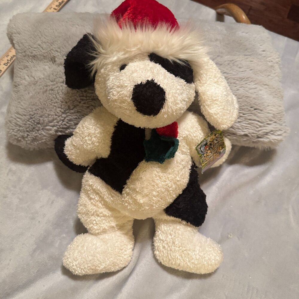 Commonwealth Santa Puppy Dog Christmas Plush spotted black white 15"